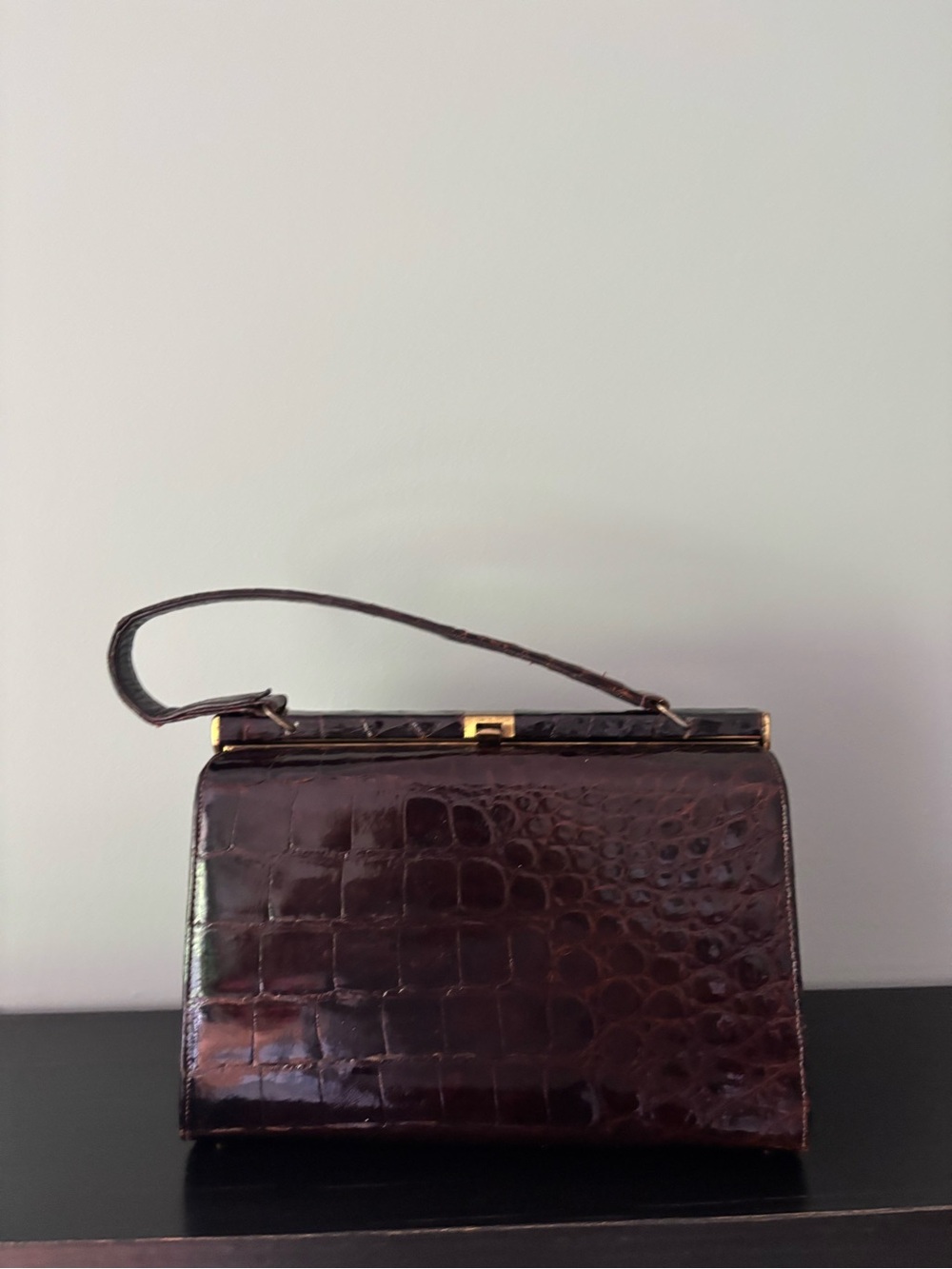 Vintage Croc-Embossed Leather Top-Handle Bag in Deep Brown with Gold Hardware